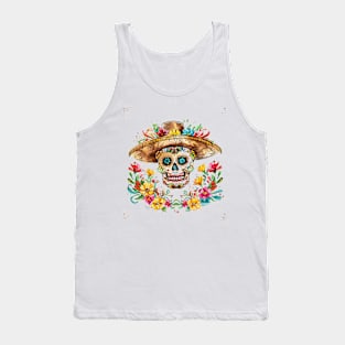 Skull wear cowboy hat Cinco de mayo colorful watercolor Tank Top